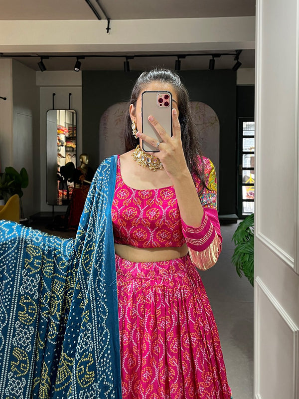 Royal Pink Elegant Gaji Silk Lehenga Set with Digital Print and Tassels – Perfect for Every Occasion