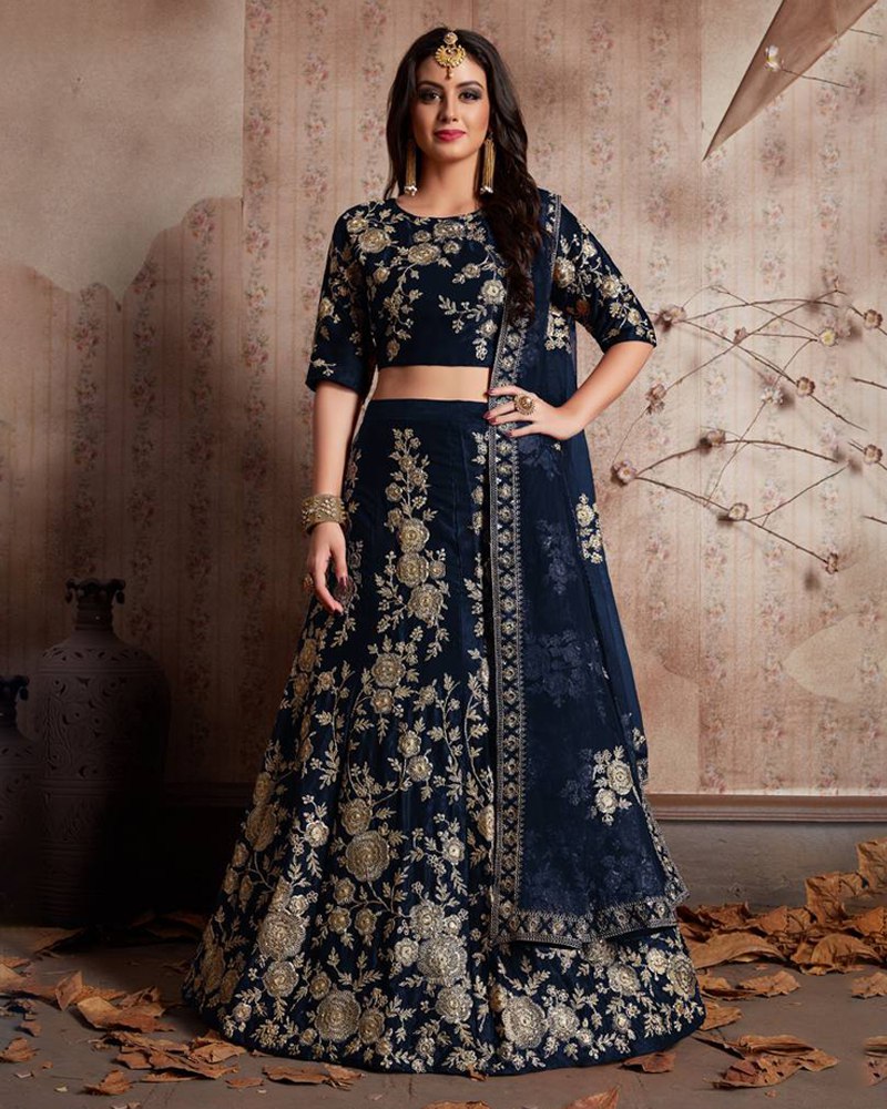 Royal Velvet Blue Lehenga Choli Set with Exquisite Jari Embroidery ClothsVilla Main image