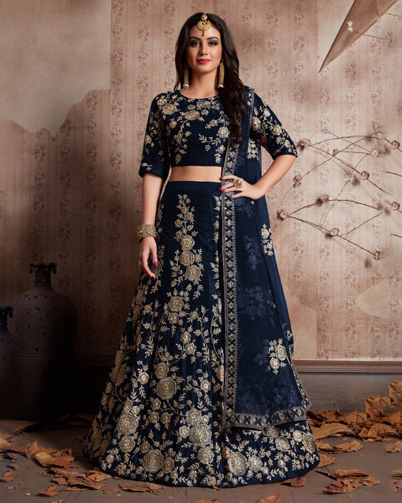 Royal Velvet Blue Lehenga Choli Set with Exquisite Jari Embroidery ClothsVilla