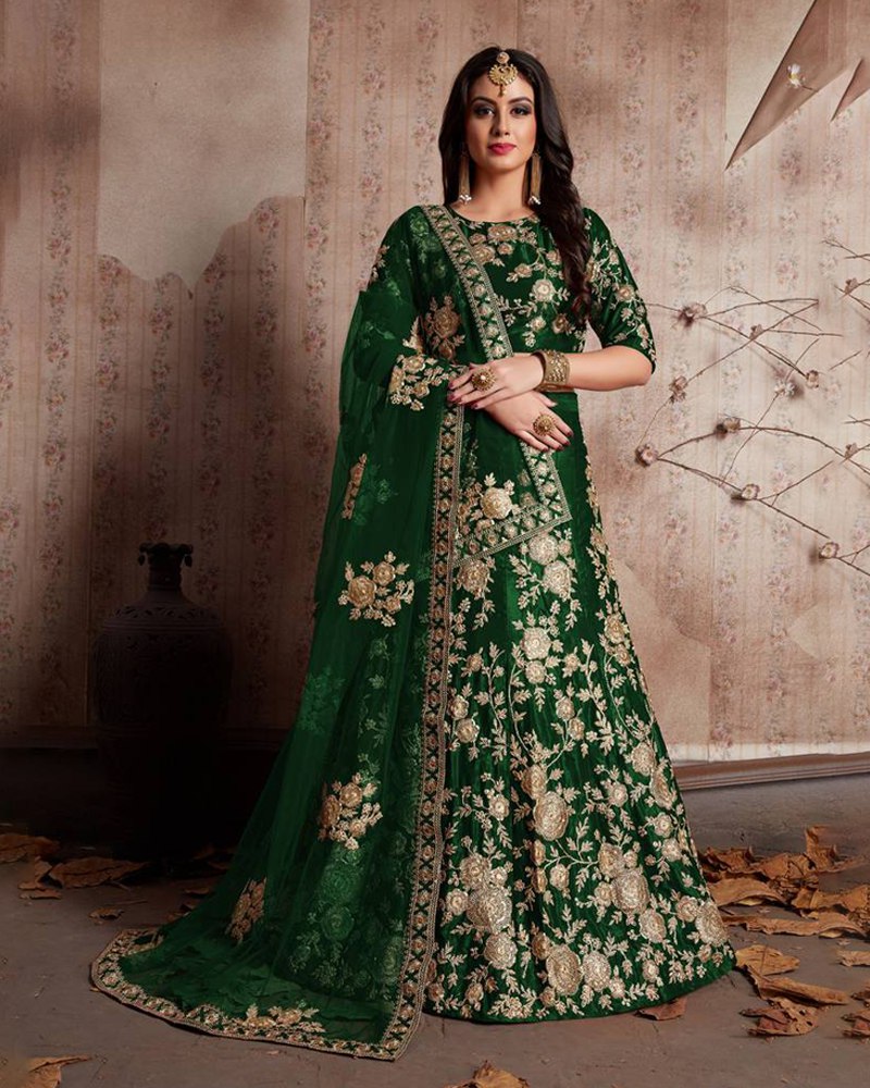 Royal Velvet Green Lehenga Choli Set with Exquisite Jari Embroidery ClothsVilla Main image