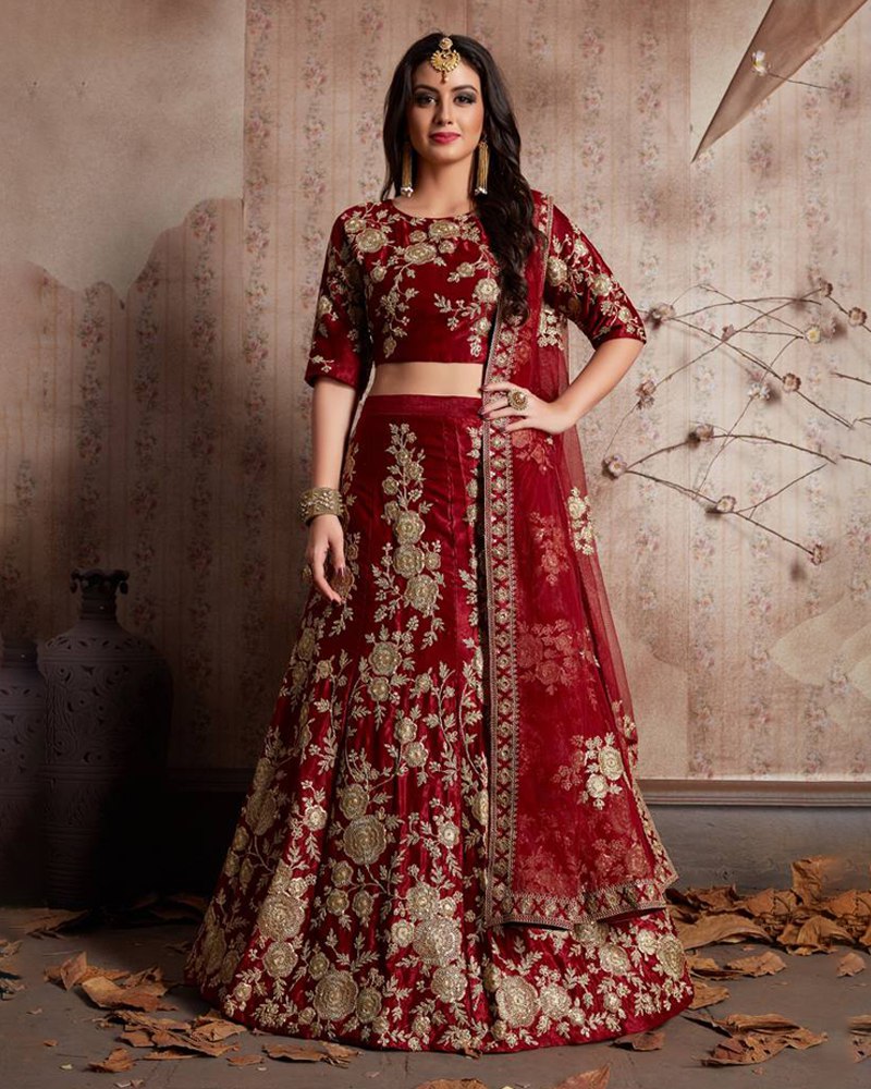 Royal Velvet Red Lehenga Choli Set with Exquisite Jari Embroidery ClothsVilla