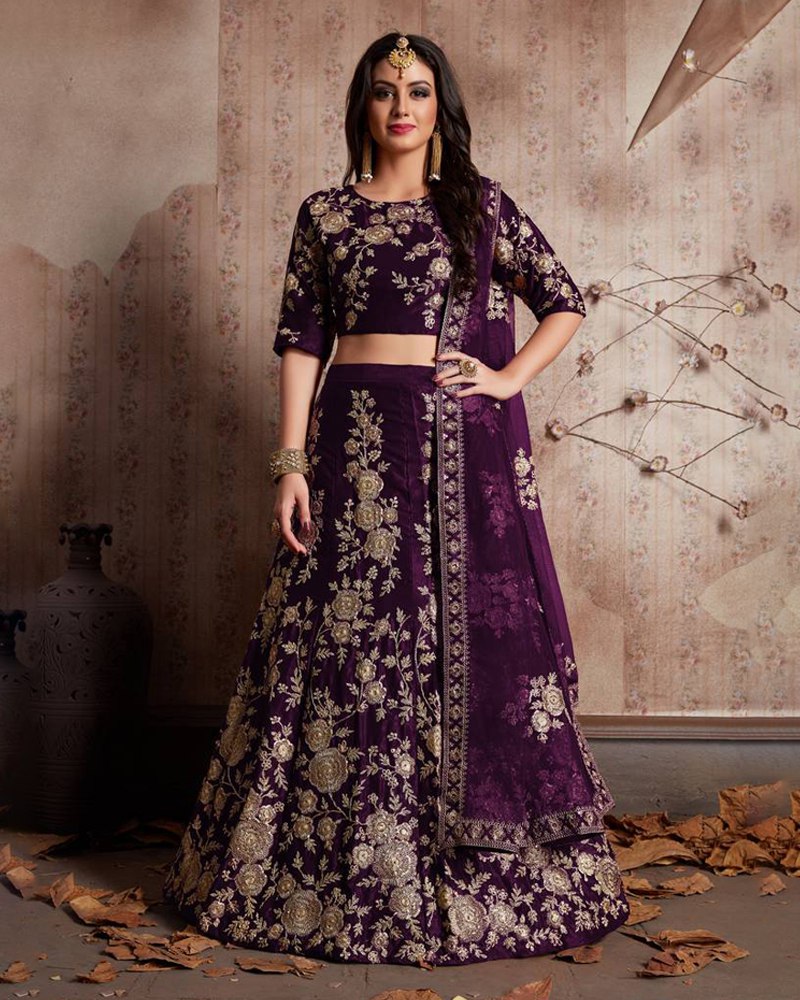 Royal Velvet Wine Lehenga Choli Set with Exquisite Jari Embroidery ClothsVilla Main image