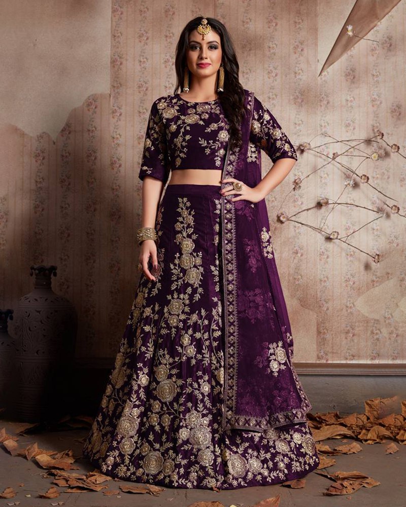 Royal Velvet Wine Lehenga Choli Set with Exquisite Jari Embroidery ClothsVilla