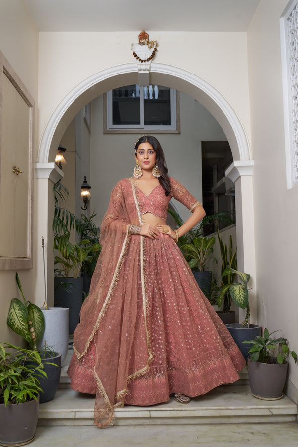 Rust Butterfly Net Lehenga with Tone-to-Tone Embroidery and Sequins