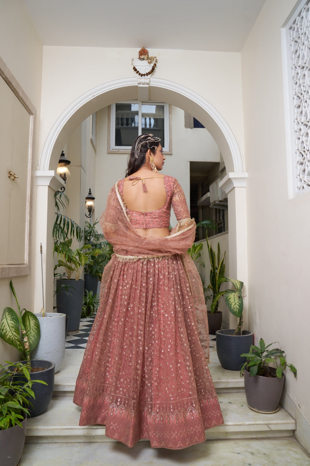 Rust Butterfly Net Lehenga with Tone-to-Tone Embroidery and Sequins