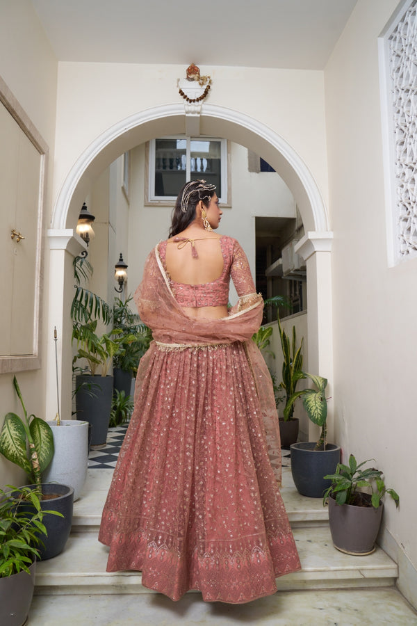 Rust Butterfly Net Lehenga with Tone-to-Tone Embroidery and Sequins