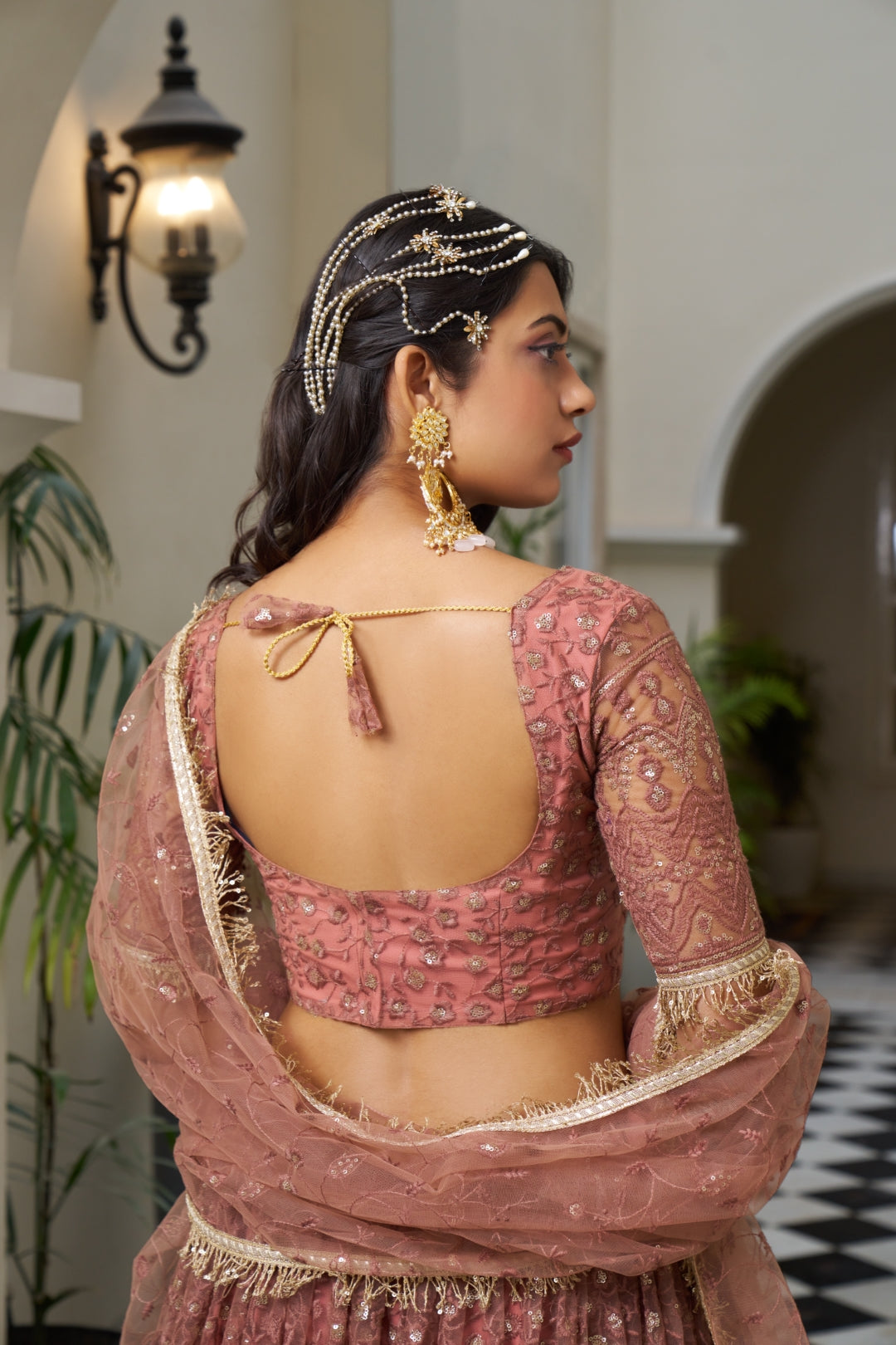 Rust Butterfly Net Lehenga with Tone-to-Tone Embroidery and Sequins