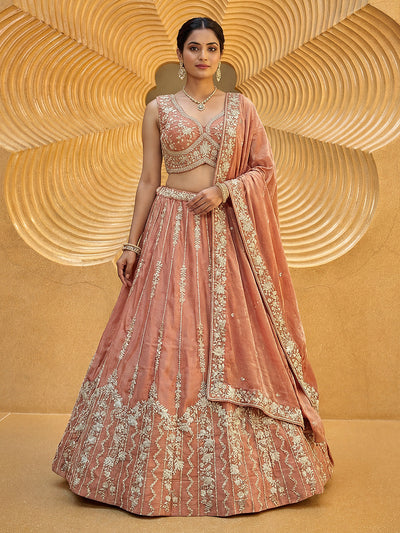 Burnished Rust Chiffon Sequin & Zari Thread Embroidered Lehenga Choli Set Clothsvilla Main image