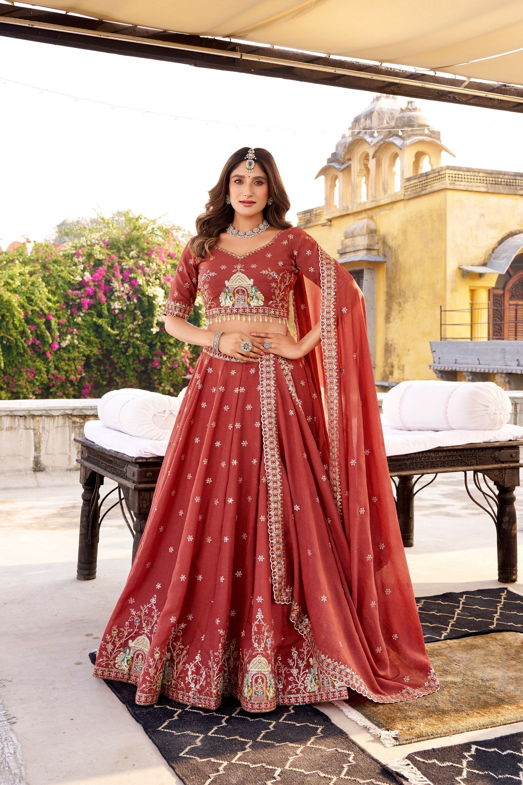 Rust Chocolate Crush Sequins & Thread Embroidered Lehenga Choli Set with 4-Meter Flair & Matching Dupatta ClothsVilla Main image