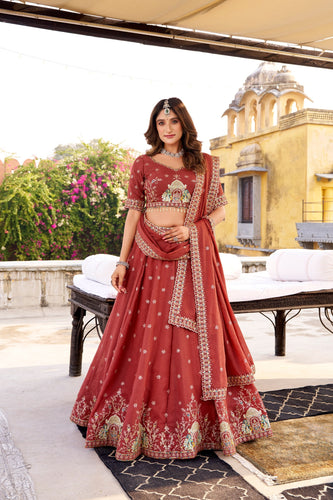 Rust Chocolate Crush Sequins & Thread Embroidered Lehenga Choli Set with 4-Meter Flair & Matching Dupatta ClothsVilla