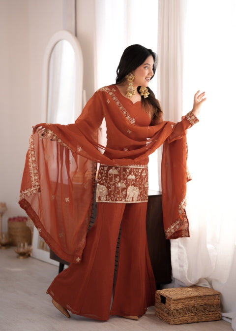 Rust Crunchy Silk Embroidered Suit Set ClothsVilla