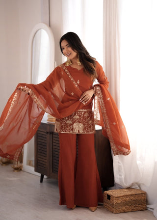 Rust Crunchy Silk Embroidered Suit Set ClothsVilla