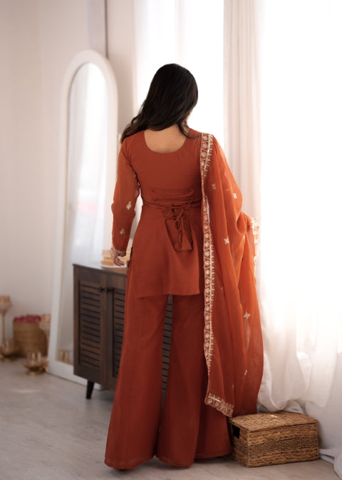 Rust Crunchy Silk Embroidered Suit Set ClothsVilla
