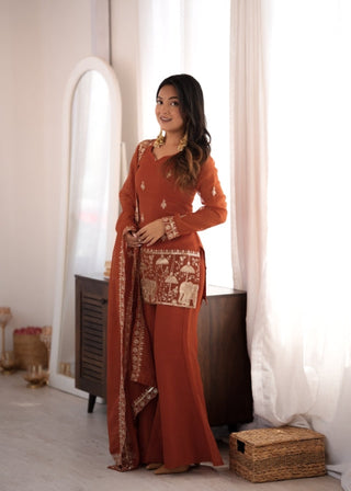 Rust Crunchy Silk Embroidered Suit Set ClothsVilla