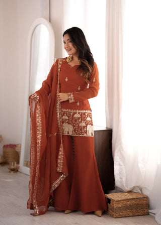 Rust Crunchy Silk Embroidered Suit Set ClothsVilla