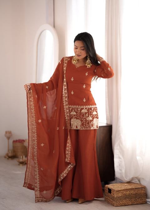 Rust Crunchy Silk Embroidered Suit Set ClothsVilla