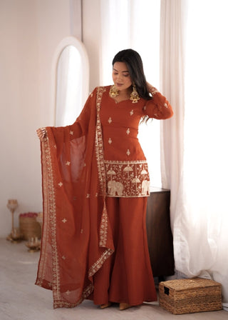 Rust Crunchy Silk Embroidered Suit Set ClothsVilla