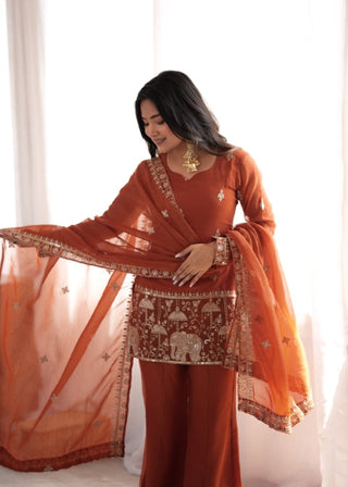 Rust Crunchy Silk Embroidered Suit Set ClothsVilla