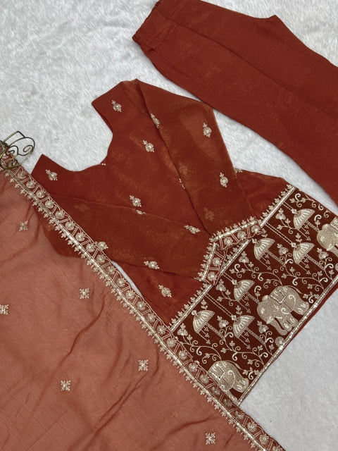 Rust Crunchy Silk Embroidered Suit Set ClothsVilla