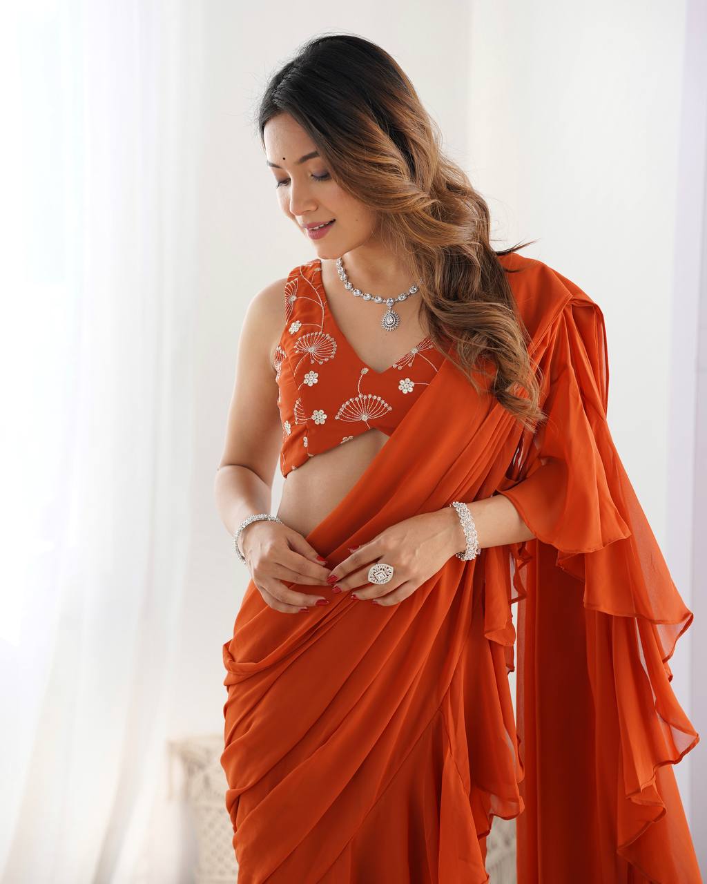 Rust Designer Ready-to-Wear Sharara Saree in Pure Fox Georgette with Heavy Embroidered Sequin Blouse ClothsVilla