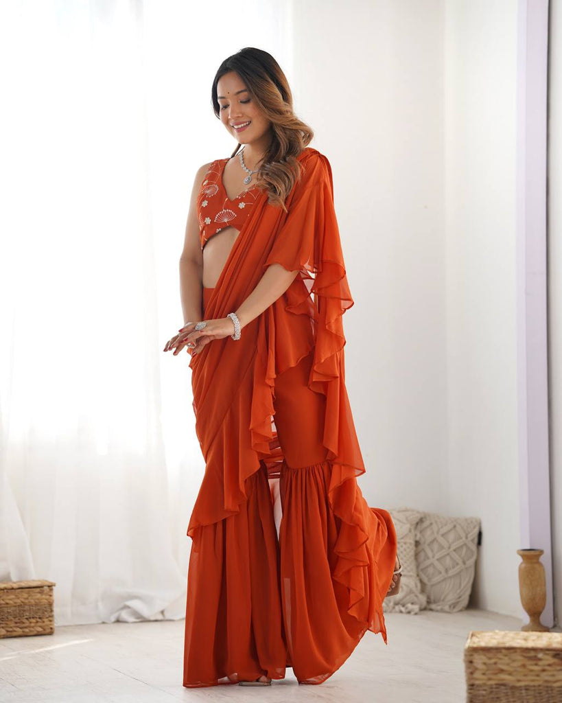 Rust Designer Ready-to-Wear Sharara Saree in Pure Fox Georgette with Heavy Embroidered Sequin Blouse ClothsVilla