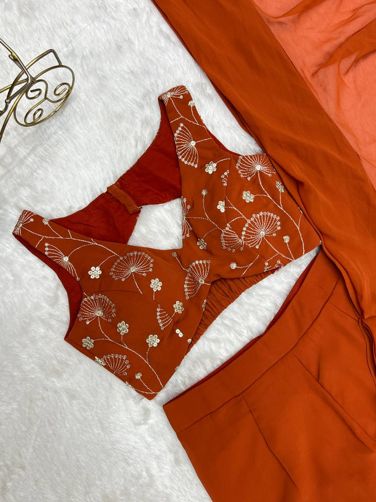 Rust Designer Ready-to-Wear Sharara Saree in Pure Fox Georgette with Heavy Embroidered Sequin Blouse ClothsVilla