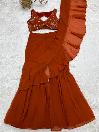 Rust Designer Ready-to-Wear Sharara Saree in Pure Fox Georgette with Heavy Embroidered Sequin Blouse ClothsVilla