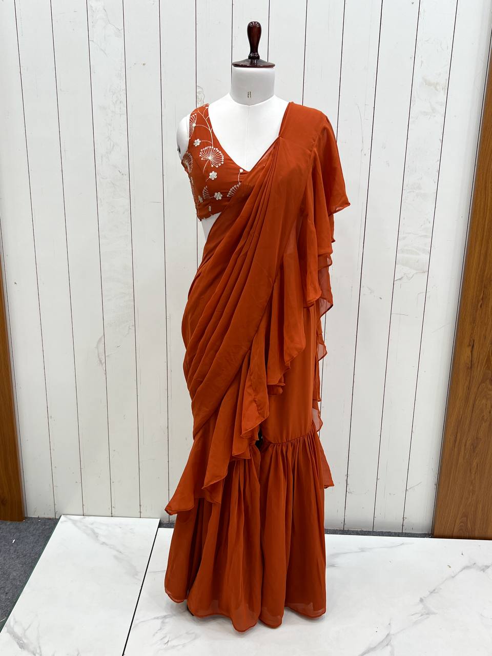 Rust Designer Ready-to-Wear Sharara Saree in Pure Fox Georgette with Heavy Embroidered Sequin Blouse ClothsVilla