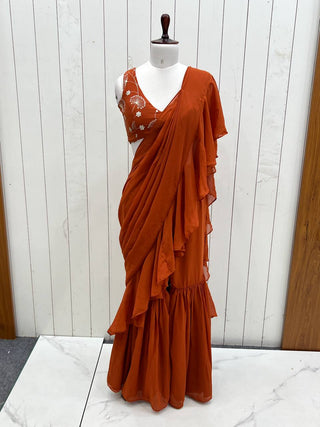 Rust Designer Ready-to-Wear Sharara Saree in Pure Fox Georgette with Heavy Embroidered Sequin Blouse ClothsVilla