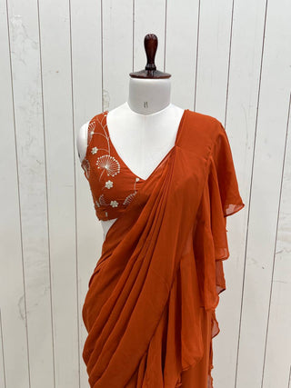 Rust Designer Ready-to-Wear Sharara Saree in Pure Fox Georgette with Heavy Embroidered Sequin Blouse ClothsVilla