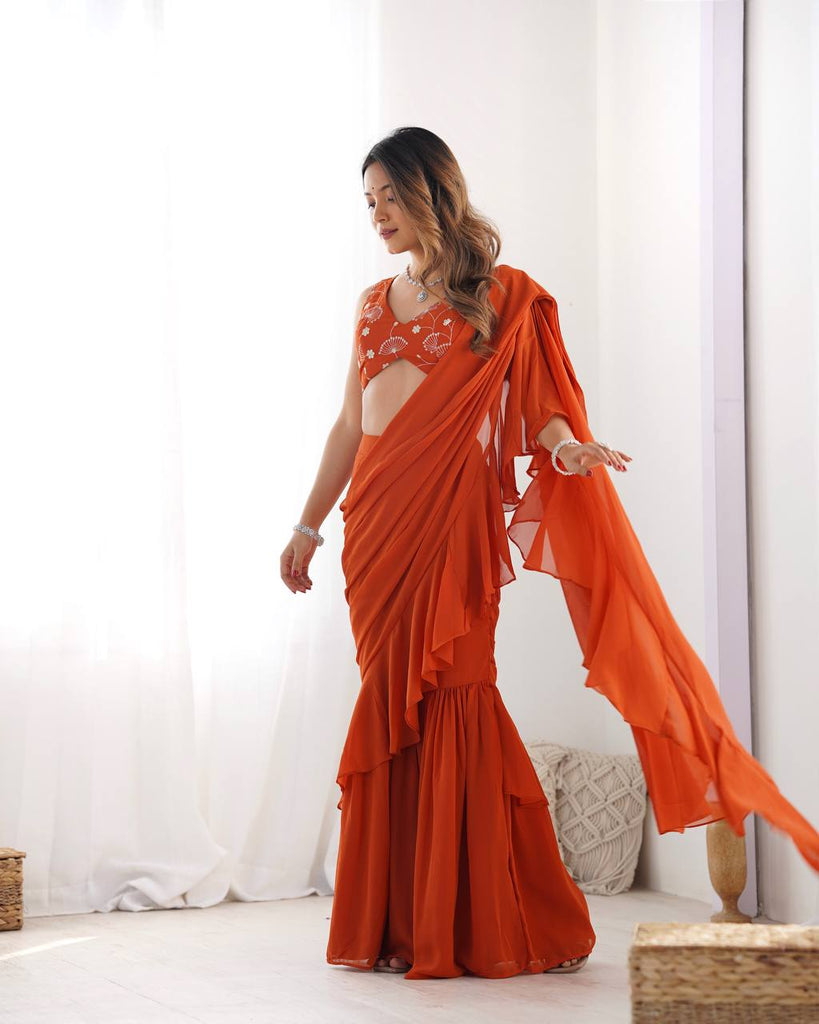 Rust Designer Ready-to-Wear Sharara Saree in Pure Fox Georgette with Heavy Embroidered Sequin Blouse ClothsVilla