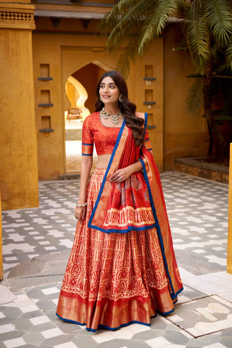 Rust Dola Silk Batik Print Lehenga Choli Set with Zari Weaving & Matching Dupatta – Fully Stitched Designer Ethnic Wear ClothsVilla