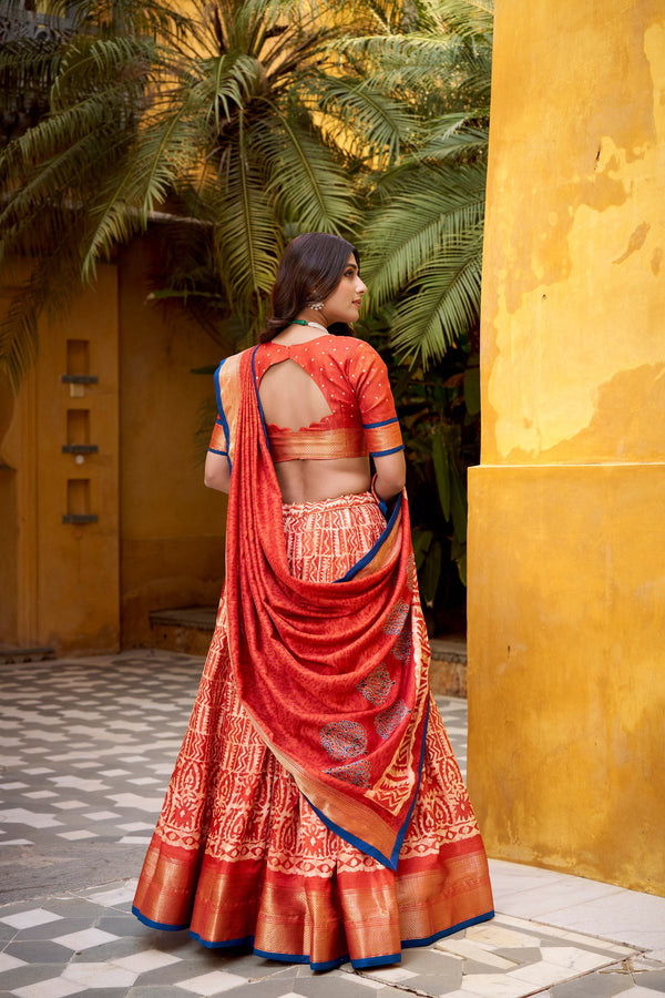 Rust Dola Silk Batik Print Lehenga Choli Set with Zari Weaving & Matching Dupatta – Fully Stitched Designer Ethnic Wear ClothsVilla