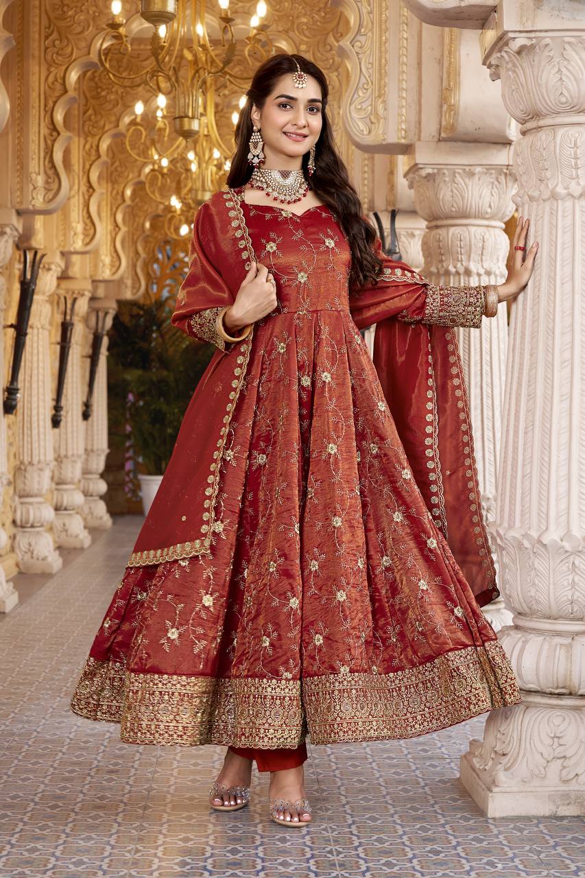 Rust Heavy Sequence Anarkali Suit ClothsVilla