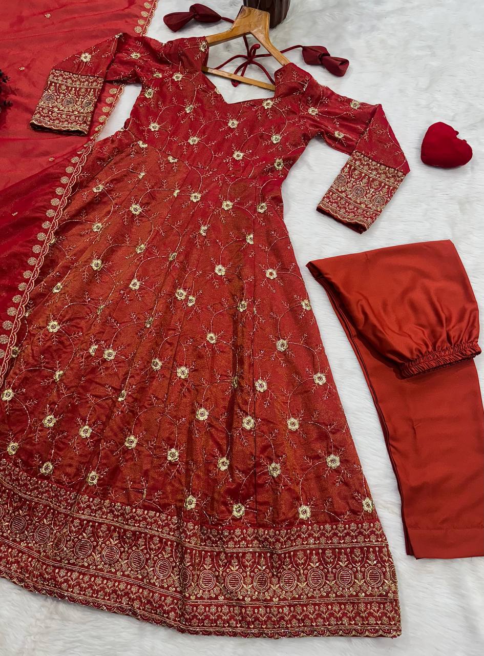 Rust Heavy Sequence Anarkali Suit ClothsVilla