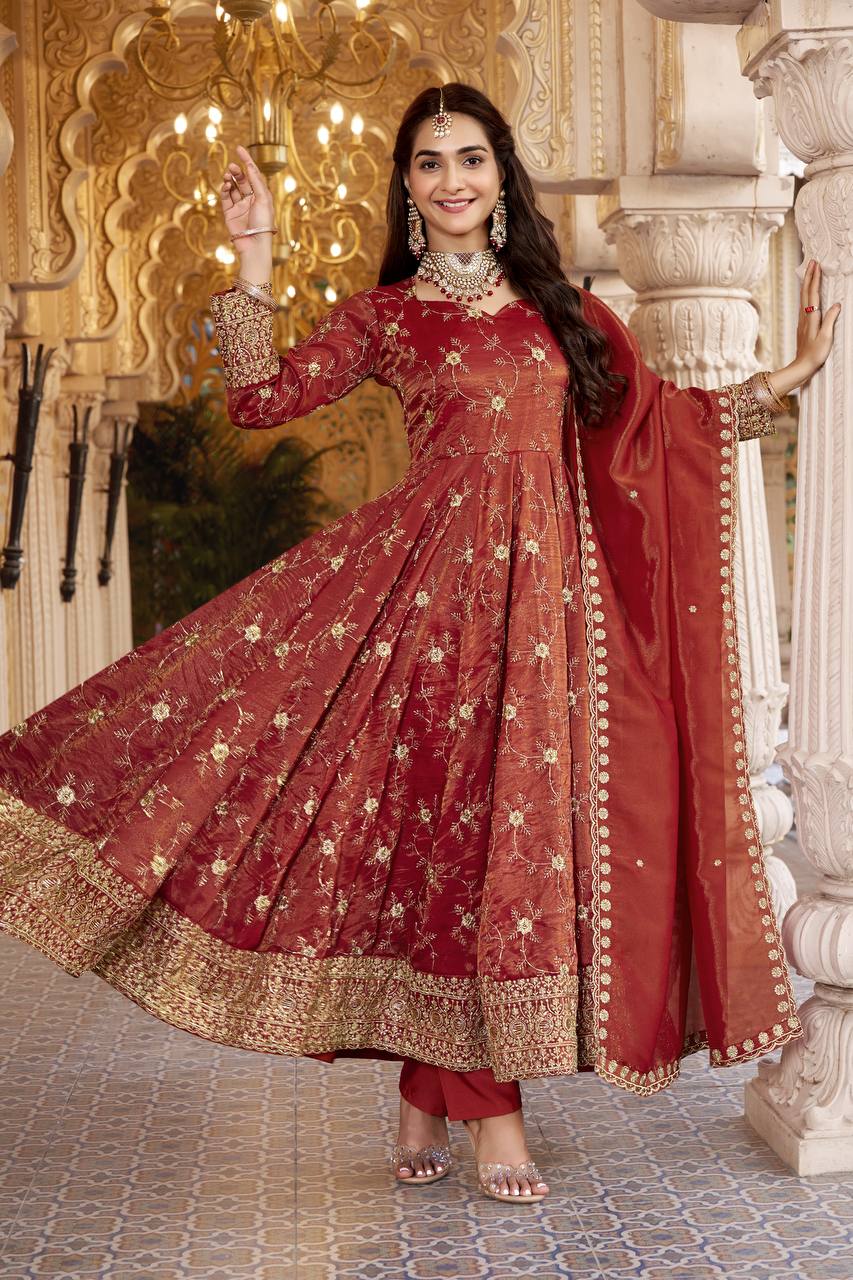 Rust Heavy Sequence Anarkali Suit ClothsVilla