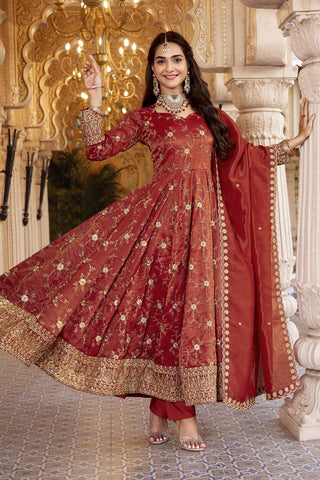 Rust Heavy Sequence Anarkali Suit ClothsVilla