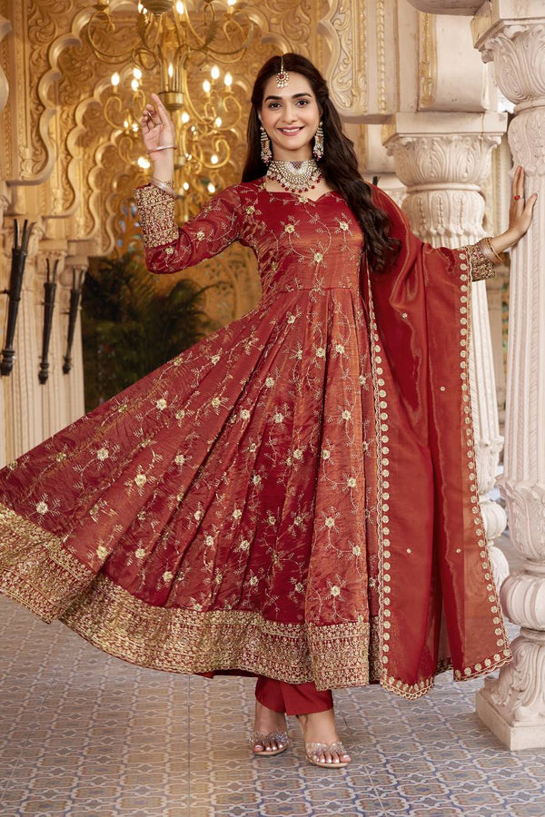 Rust Heavy Sequence Anarkali Suit ClothsVilla