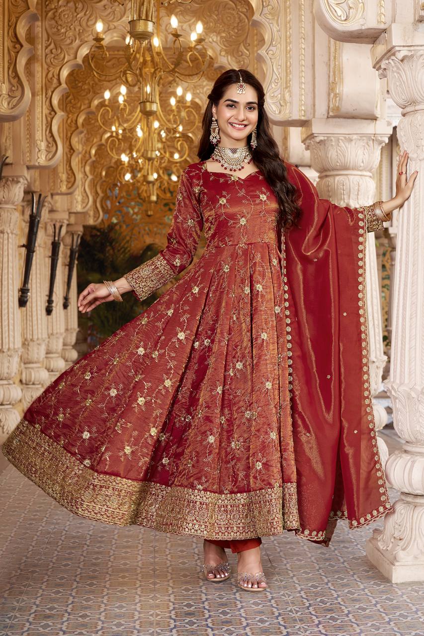 Rust Heavy Sequence Anarkali Suit ClothsVilla