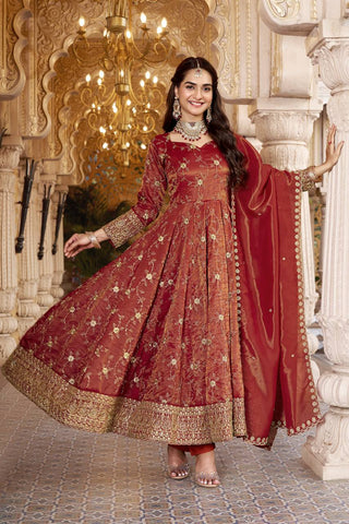 Rust Heavy Sequence Anarkali Suit ClothsVilla
