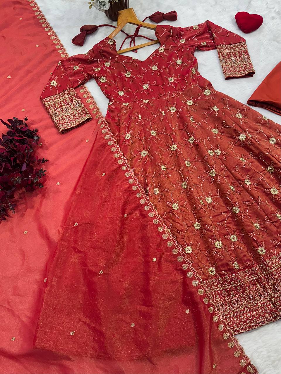 Rust Heavy Sequence Anarkali Suit ClothsVilla
