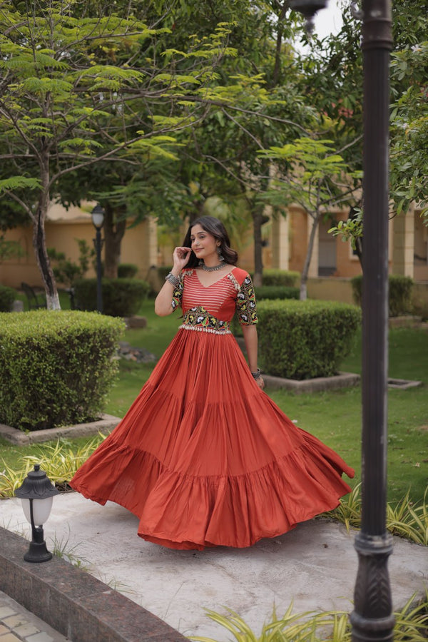 Rust Kutchi Gamthi Embroidered Gown ClothsVilla