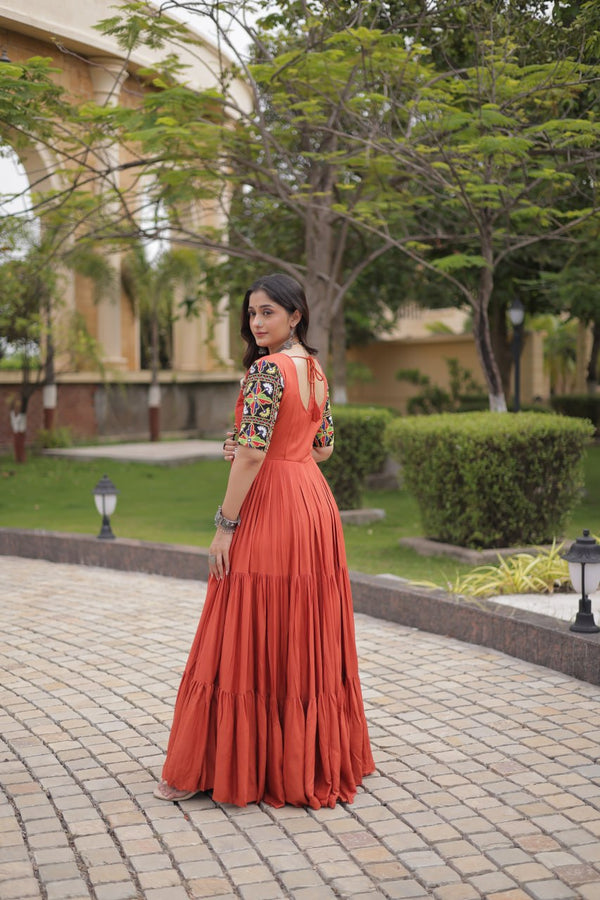 Rust Kutchi Gamthi Embroidered Gown ClothsVilla