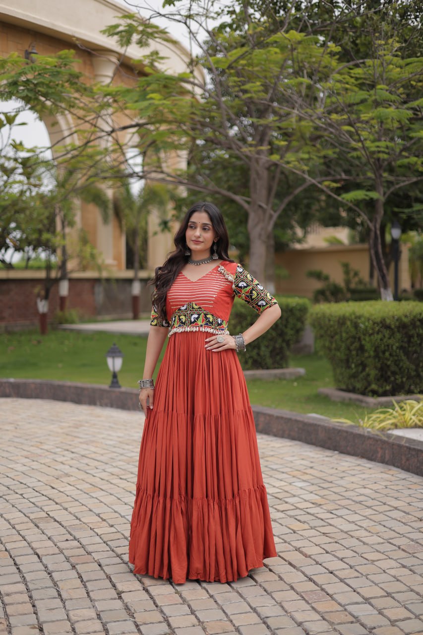 Rust Kutchi Gamthi Embroidered Gown ClothsVilla