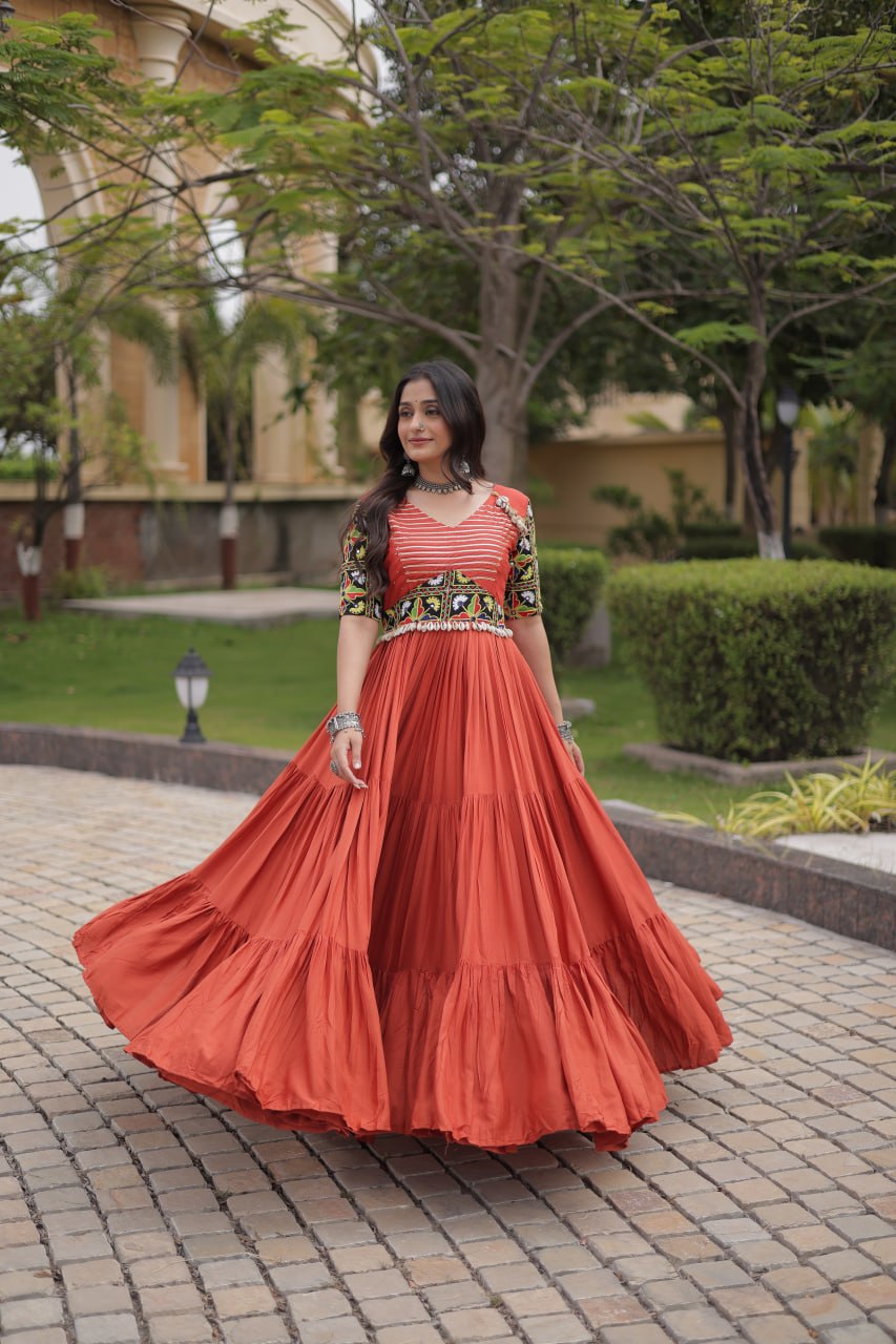 Rust Kutchi Gamthi Embroidered Gown ClothsVilla
