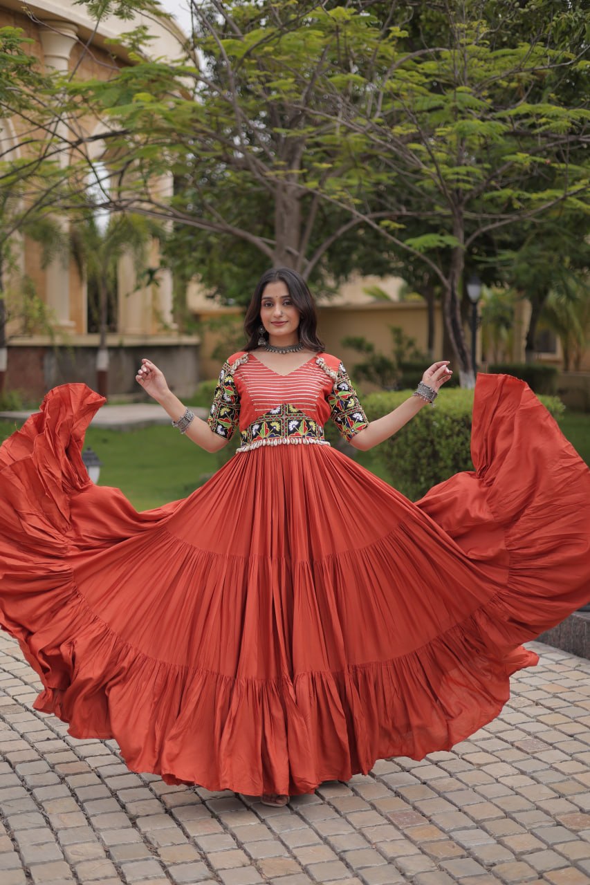 Rust Kutchi Gamthi Embroidered Gown ClothsVilla