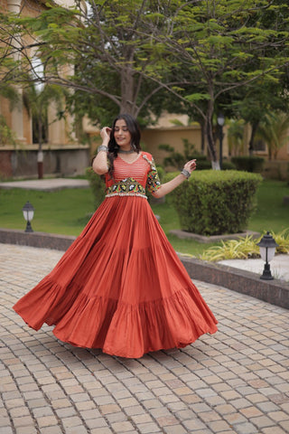 Rust Kutchi Gamthi Embroidered Gown ClothsVilla