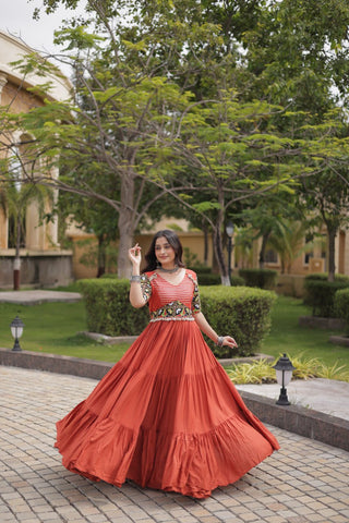 Rust Kutchi Gamthi Embroidered Gown ClothsVilla