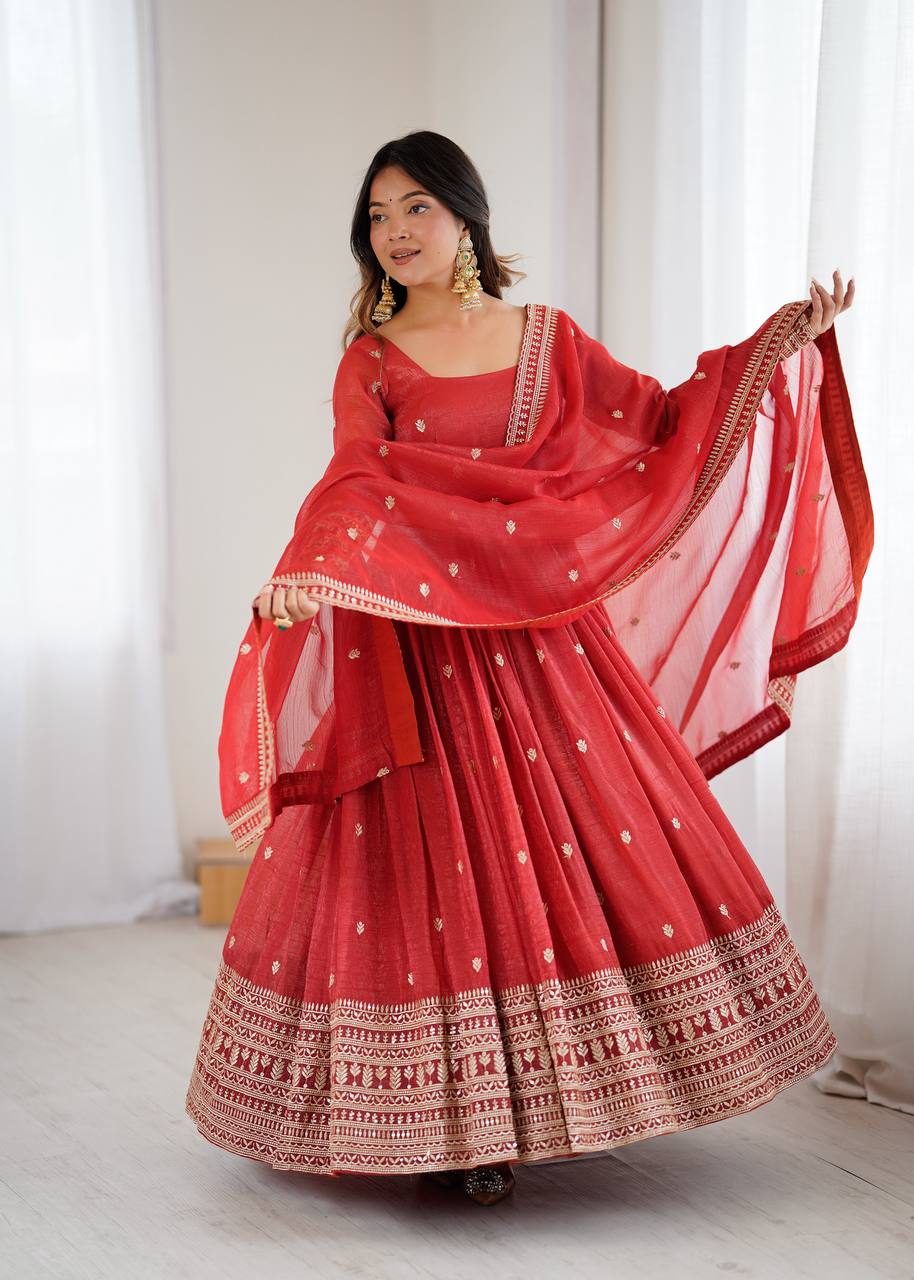 Rust Luxury Heavy Pure Crunchy Silk Anarkali Gown Set – Exquisite Zari & Sequins Embroidery, Handwork Beads Dupatta, Fully Stitched Ready-to-Wear ClothsVilla