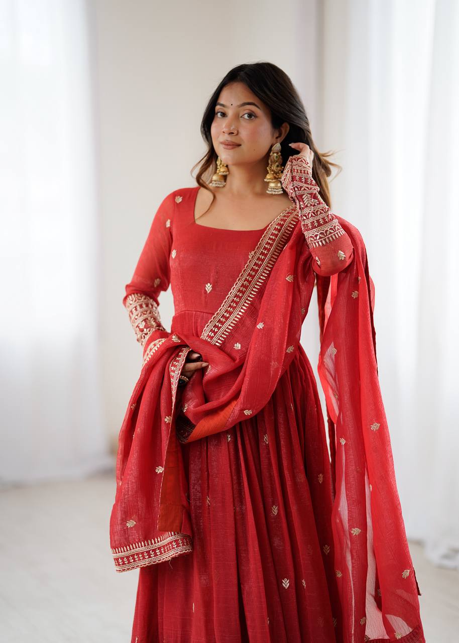 Rust Luxury Heavy Pure Crunchy Silk Anarkali Gown Set – Exquisite Zari & Sequins Embroidery, Handwork Beads Dupatta, Fully Stitched Ready-to-Wear ClothsVilla